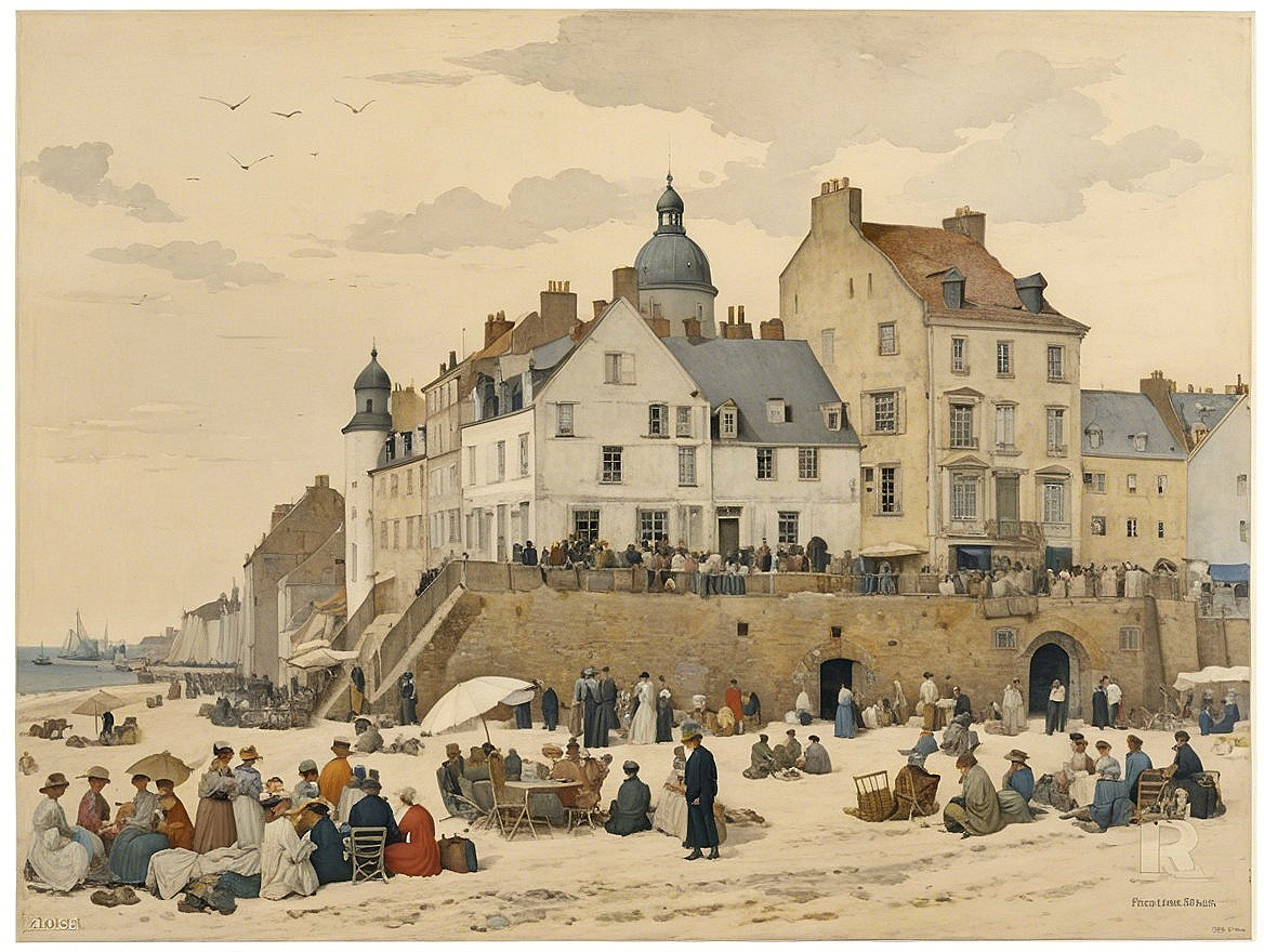 Coastal Scene with Beach, Historic Buildings, and Boats