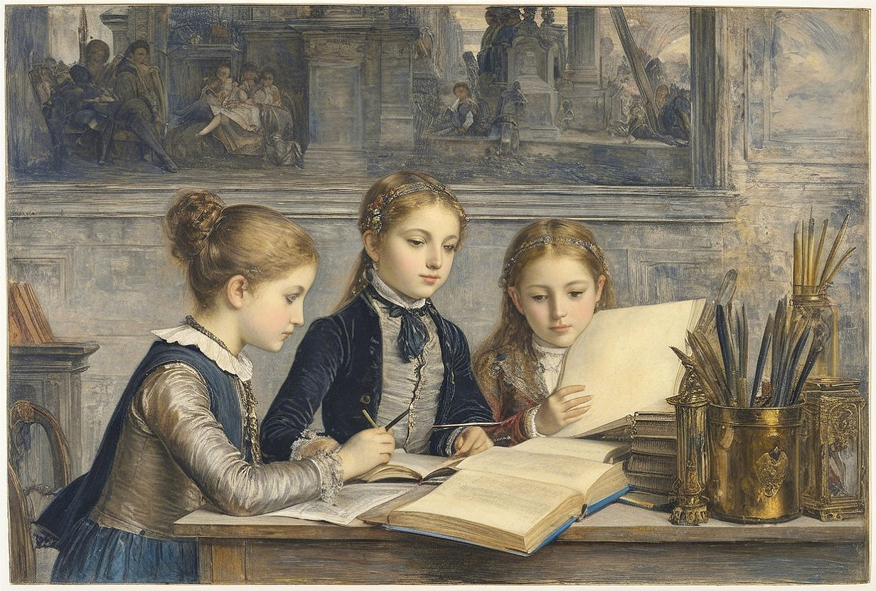 Young girls engaged in focused study session