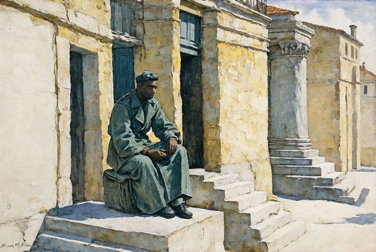 Soldier in Green Uniform on Sunlit Stone Steps