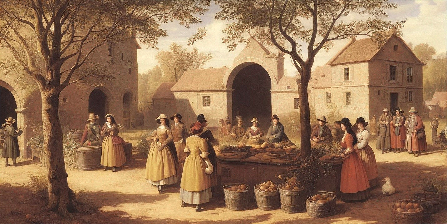 Village Market Scene with Traditional Attire and Stalls