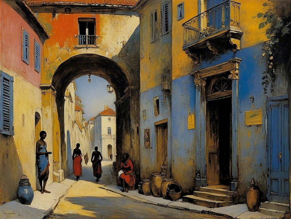 Vibrant Street Scene in Colorful Alleyway Setting