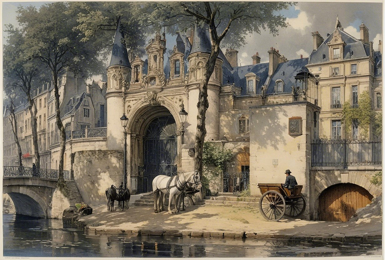 Historical city gate with lush surroundings and bridge