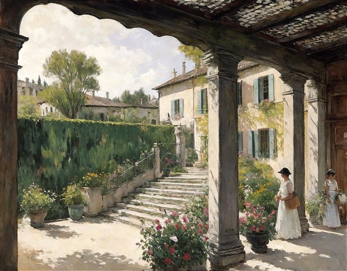 Charming Villa Courtyard with Lush Gardens and Figures