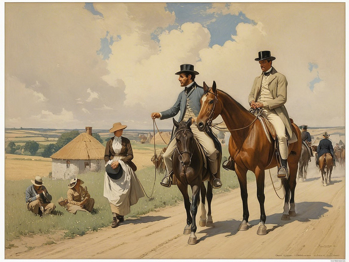 Elegant Men on Horseback in Scenic Rural Landscape