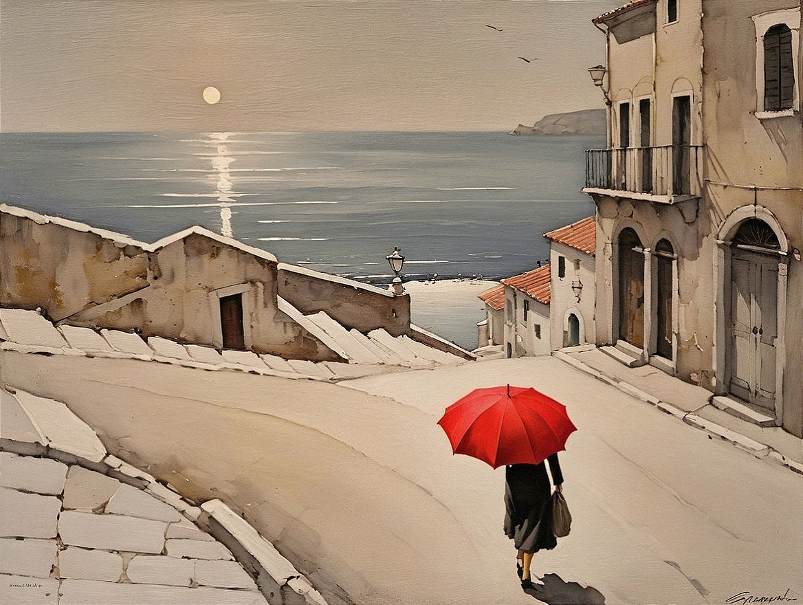 Coastal Scene with Winding Street and Sunset Light
