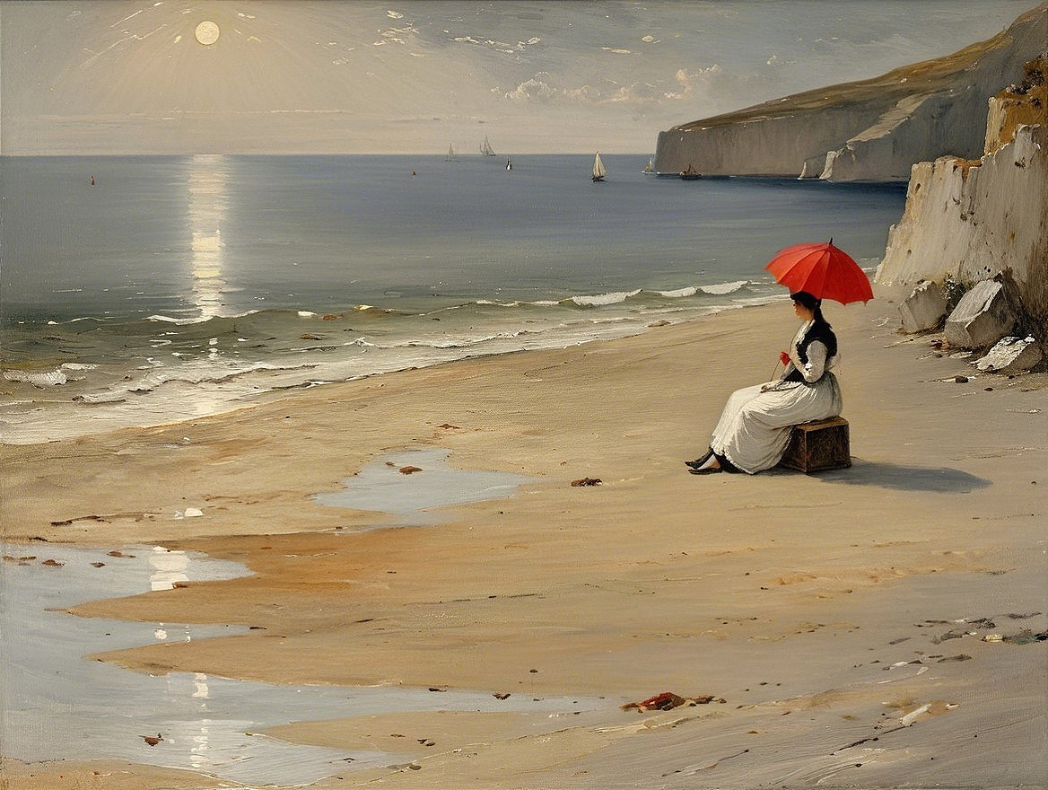 Moonlit Beach Scene with Woman and Red Umbrella