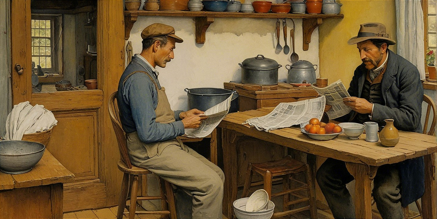 Cozy Kitchen Scene with Two Men Reading Newspapers