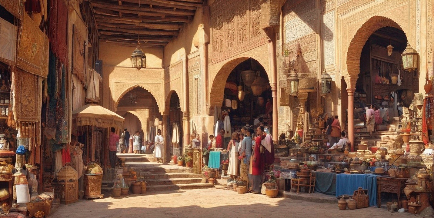 Vibrant Marketplace with Arched Passageways and Textiles