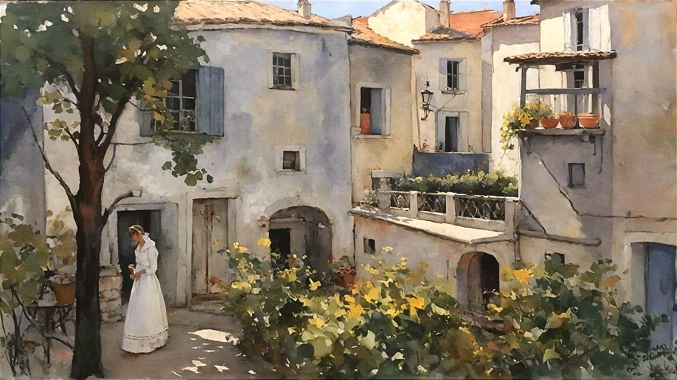 Serene Village Scene with Whitewashed Buildings and Nature