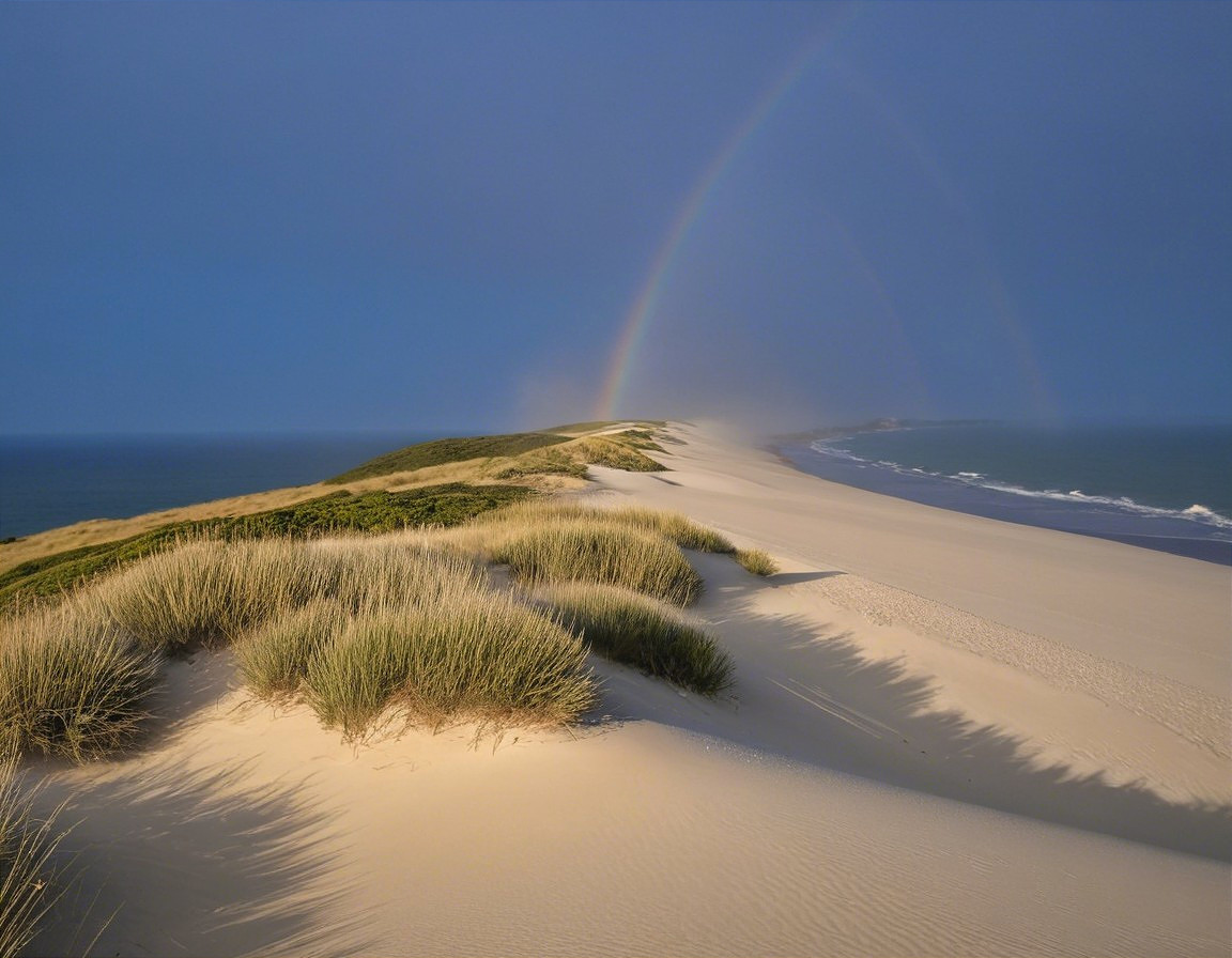 Coastal Landscape with Sand Dunes and Rainbow View