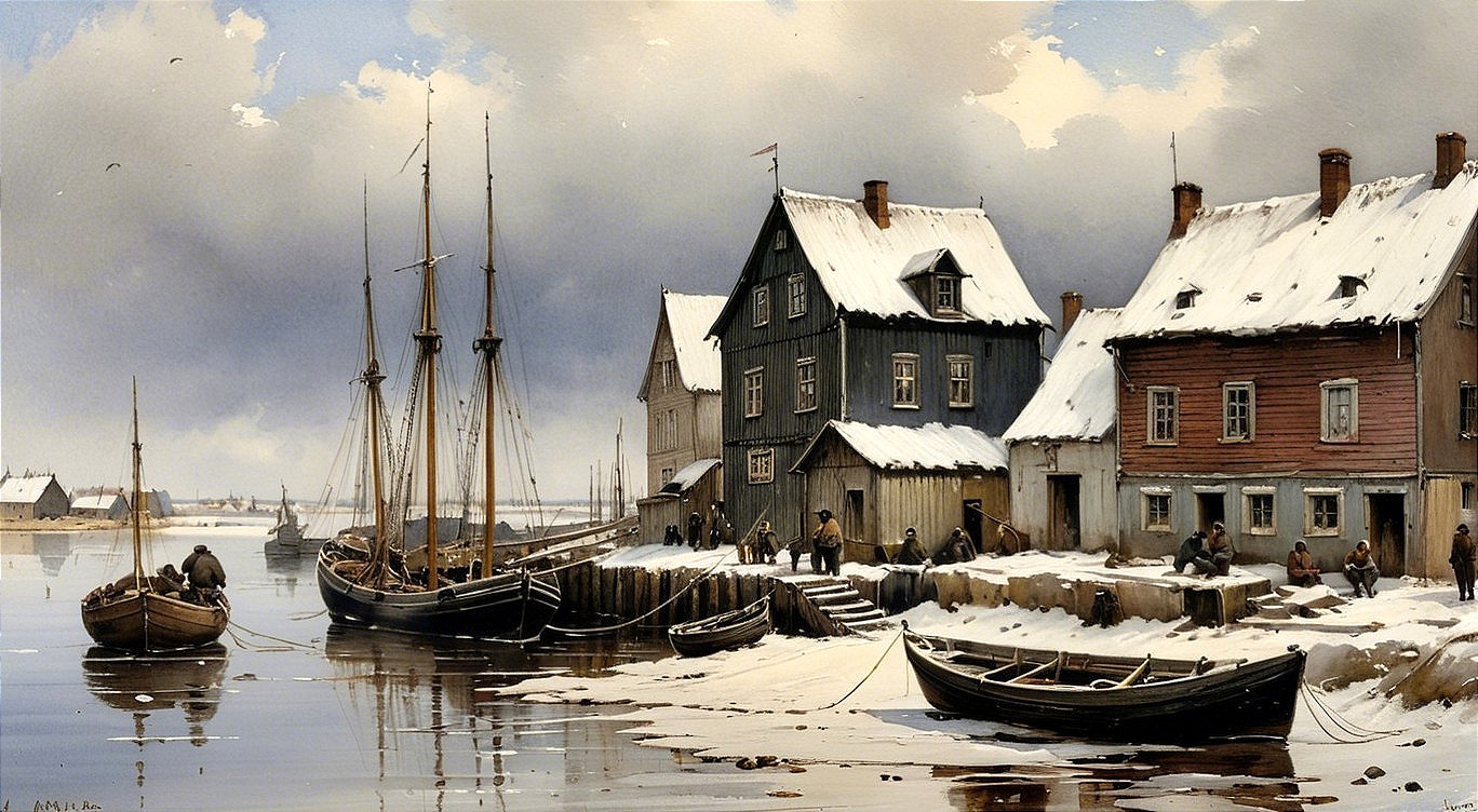 Winter Coastal Village with Snow-Covered Houses