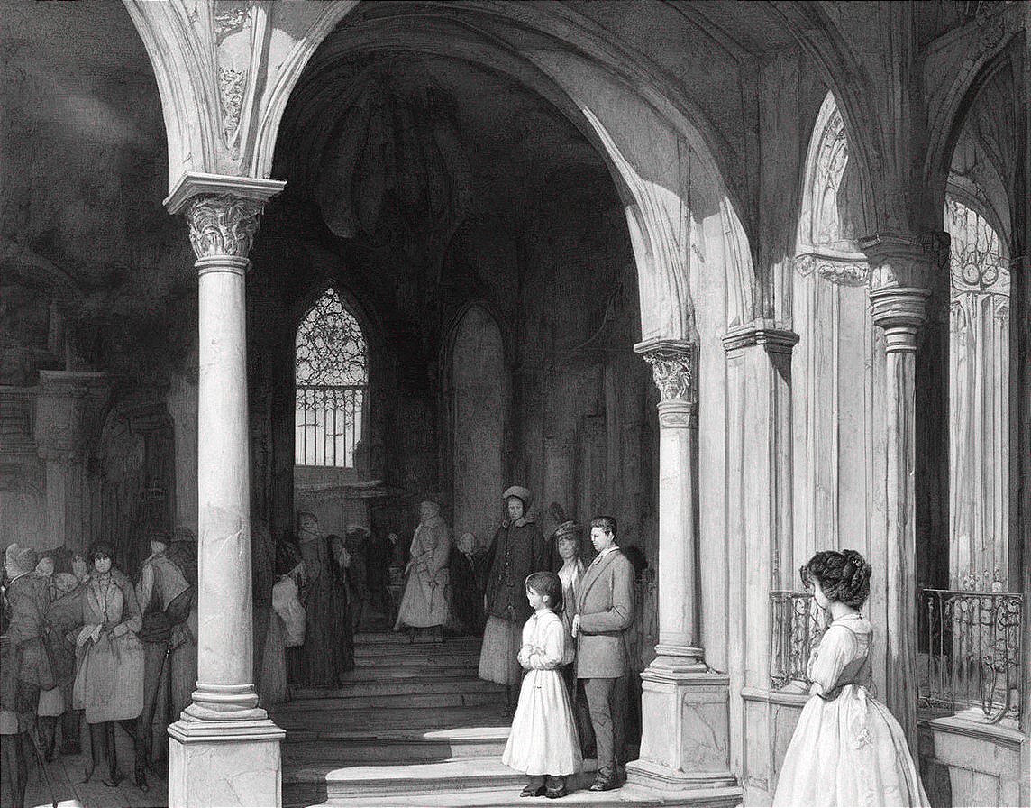 Solemn Gathering in Ornate Gothic Hall with Arches