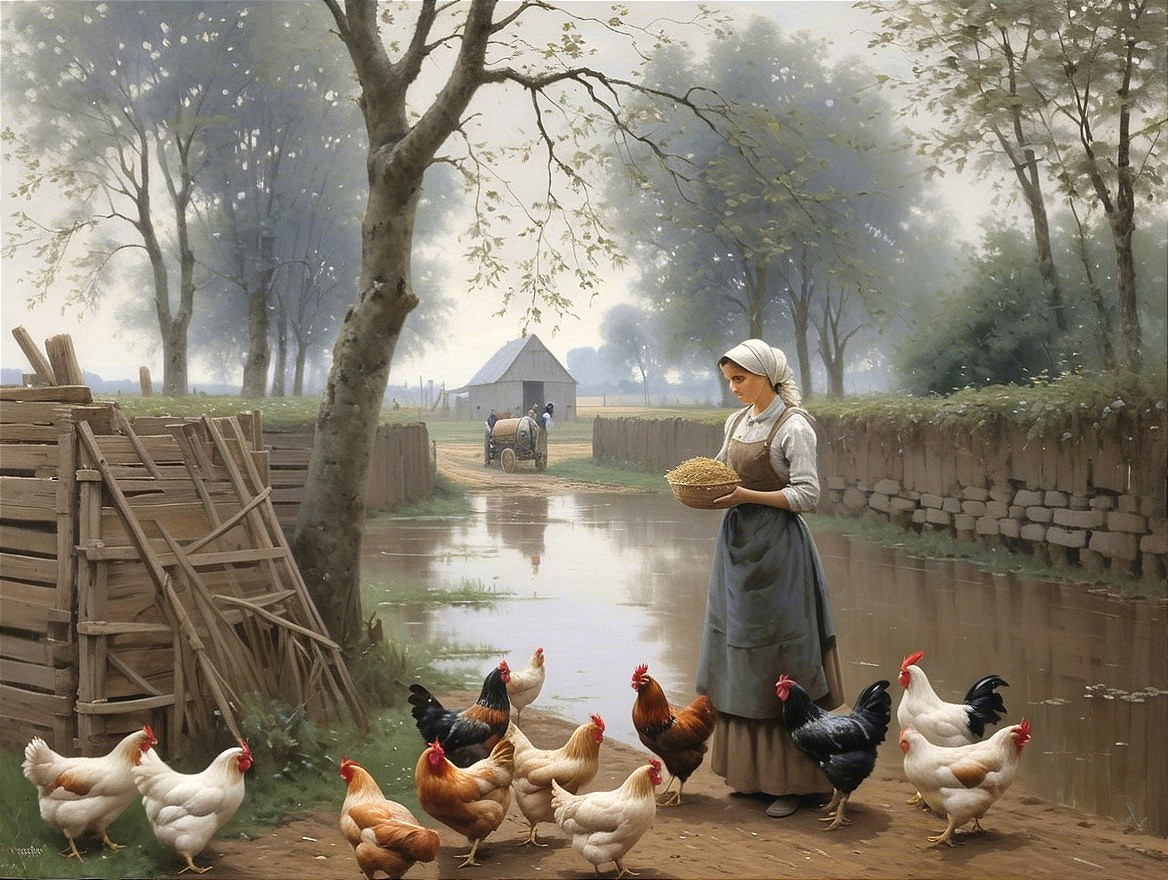 Countryside Scene with Woman and Chickens by Pathway