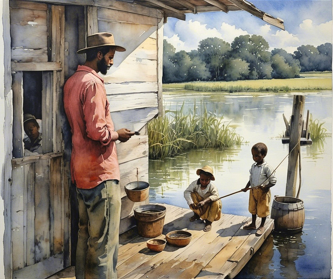 Man on Porch of Shack by Tranquil River Scene