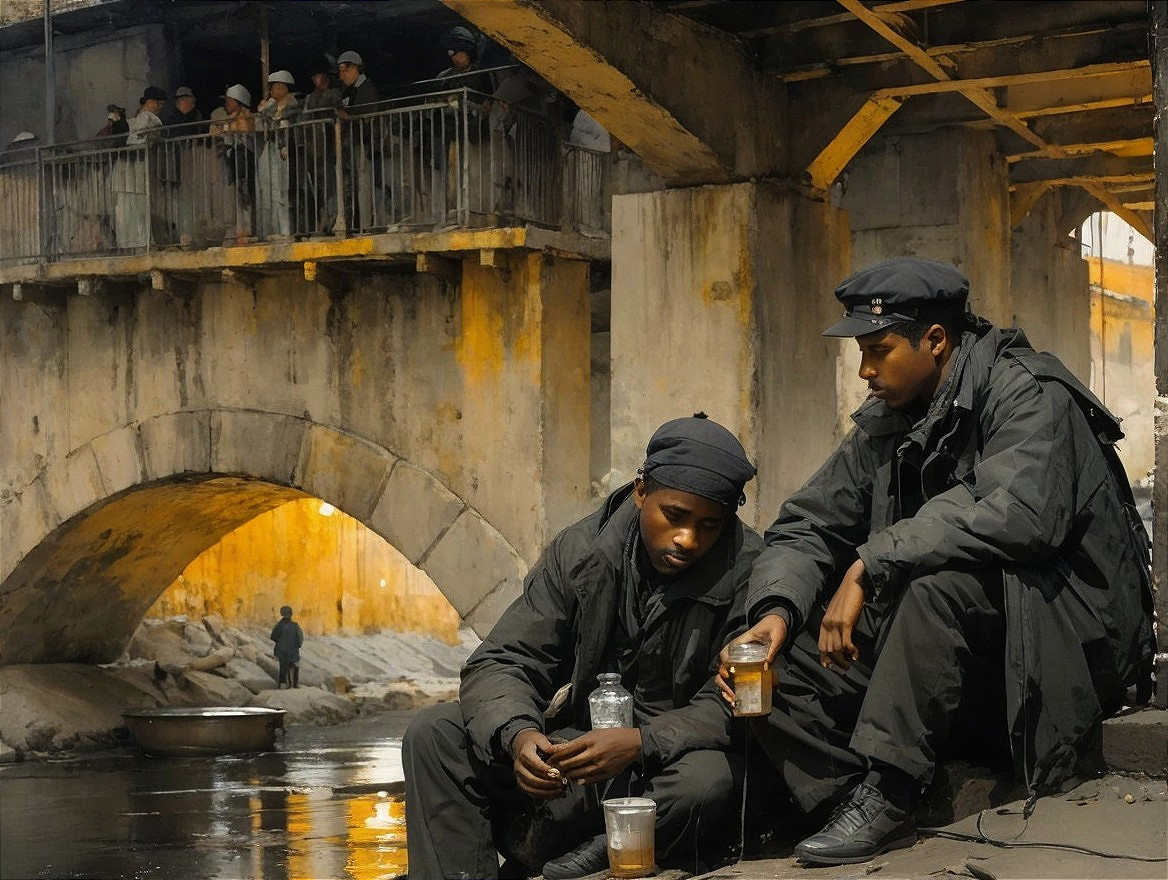 Men by Murky River in Gritty Urban Setting