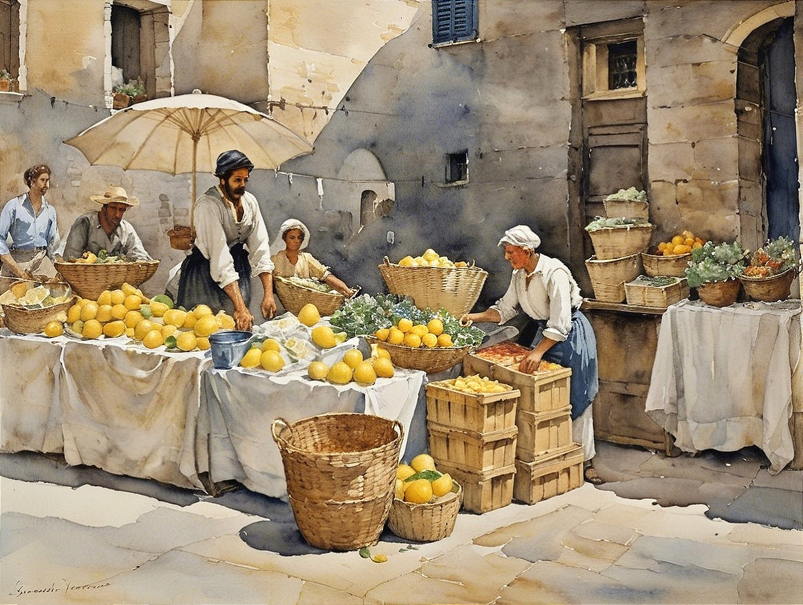 Vibrant Marketplace Scene with Fresh Produce and Community
