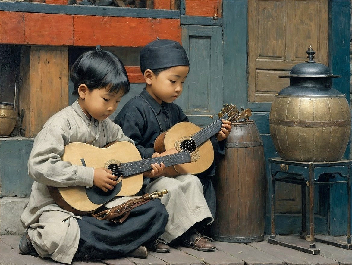 Boys Playing Wooden Guitars in Rustic Setting