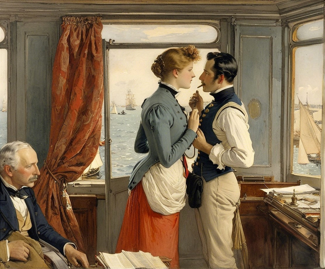 Young couple in a decorated room with sailing view