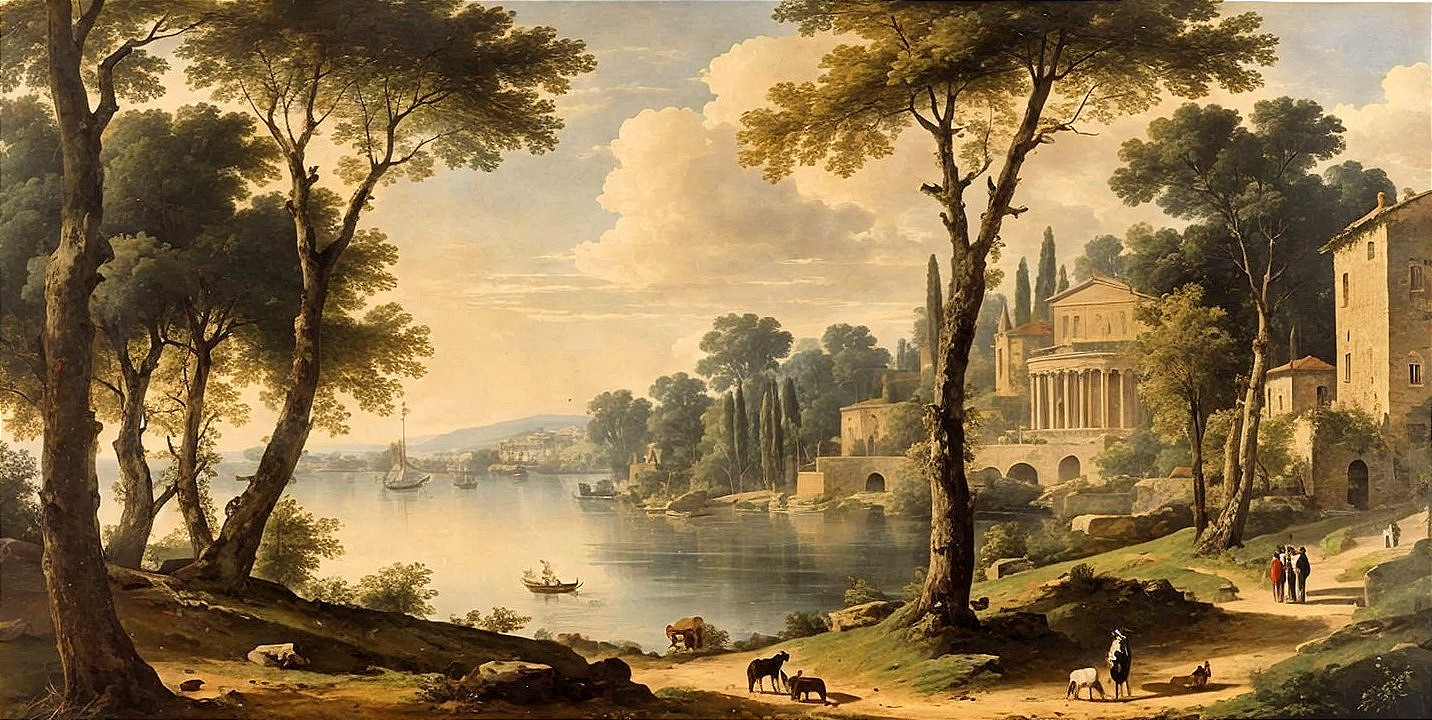 Tranquil Lake Landscape with Trees and Hills