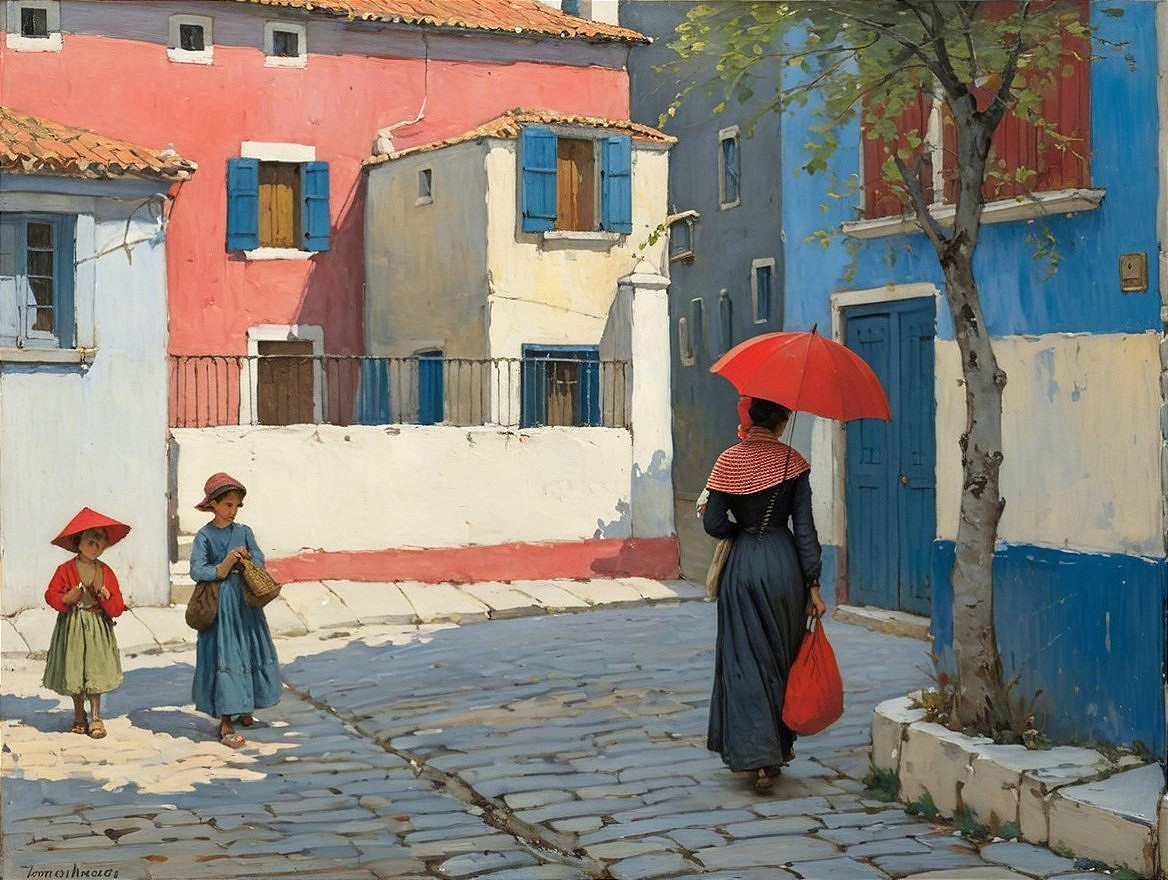 Woman in Black Dress with Red Umbrella in Village