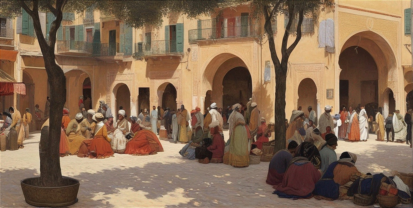 Bustling Historical Courtyard Scene with Community Activities