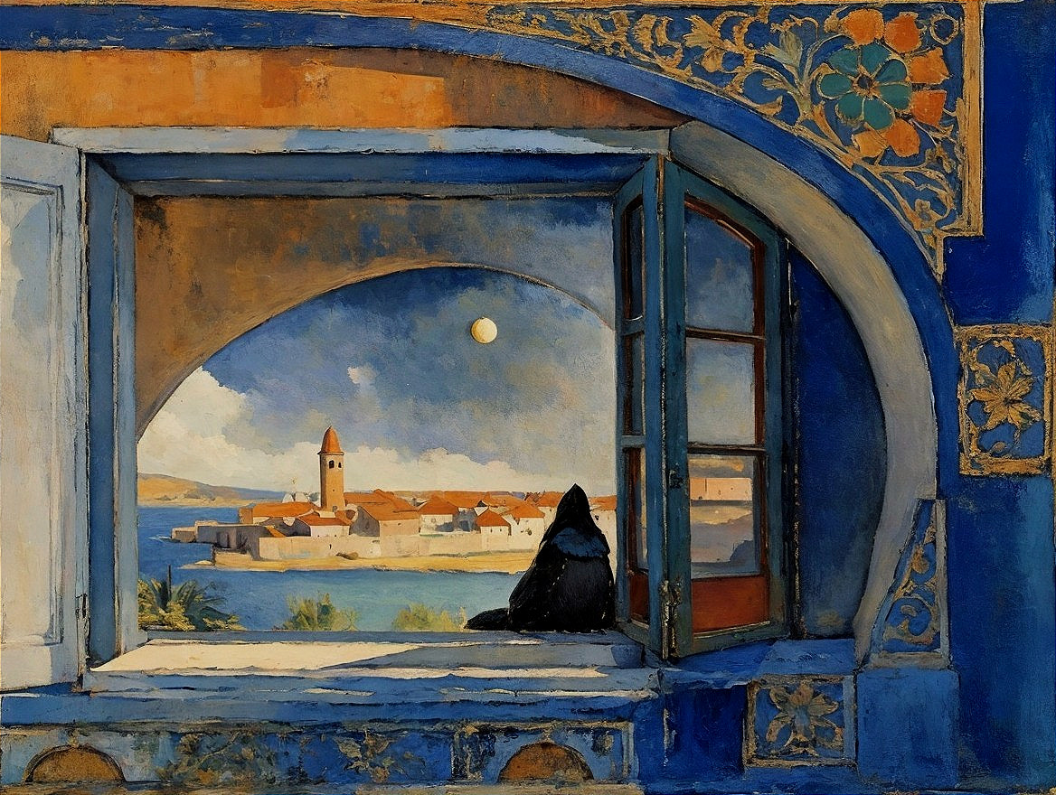 Serene Coastal Village View with Cat Silhouette