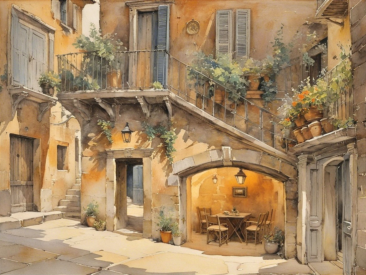 Sunlit Courtyard with Stone Buildings and Archway