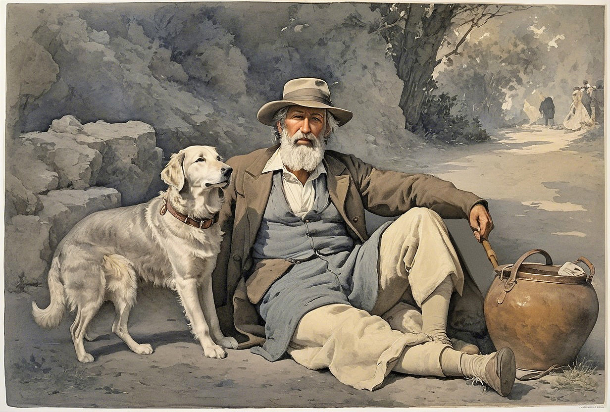 Man with Beard Resting on Path with Dog Nearby