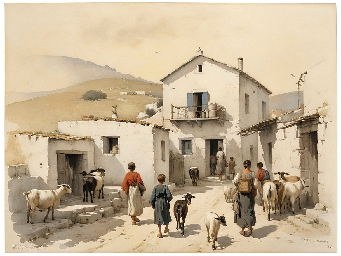 Serene Village Scene with Whitewashed Buildings and Livestock