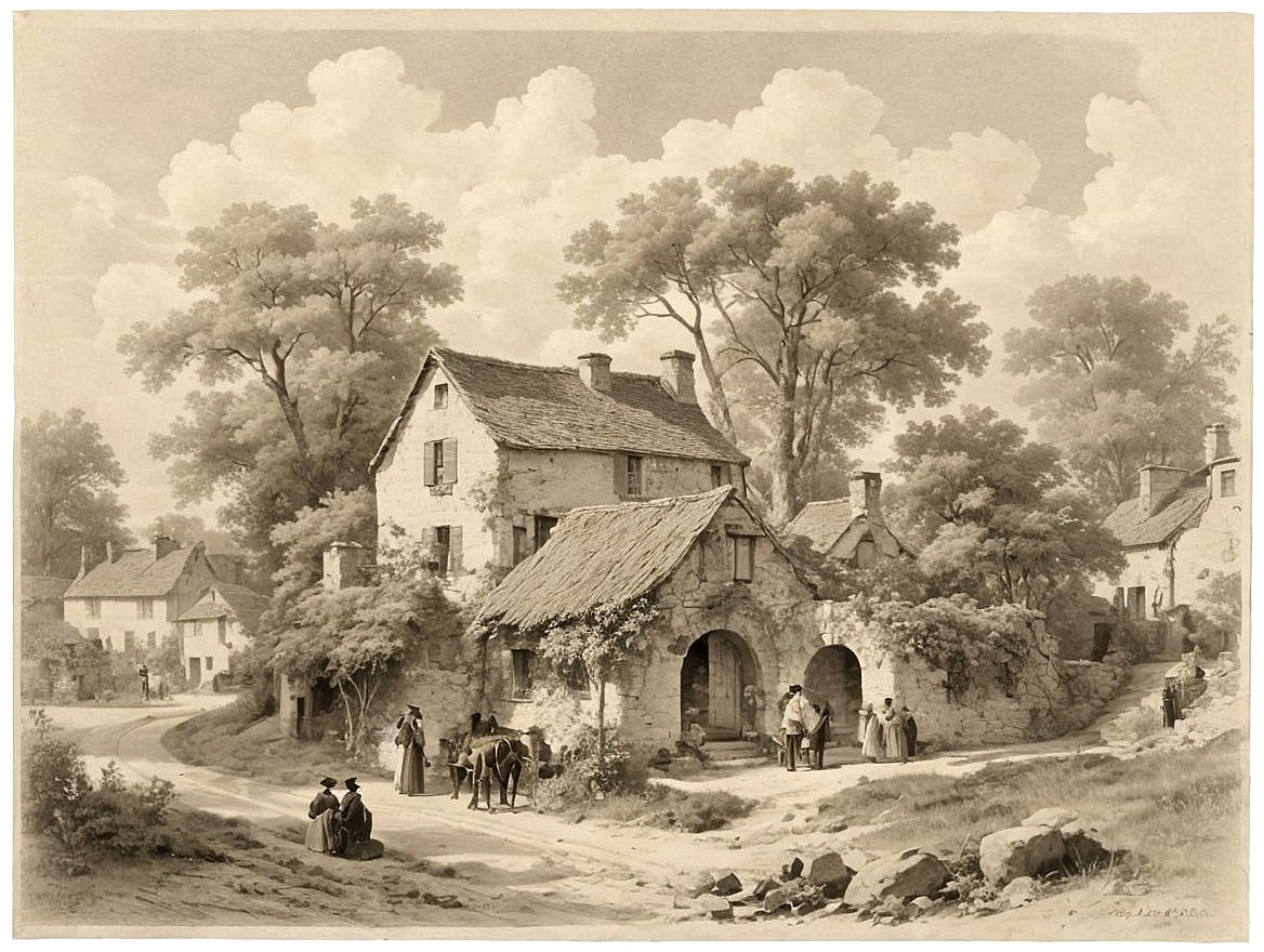 Serene Countryside Scene with Quaint Stone Houses