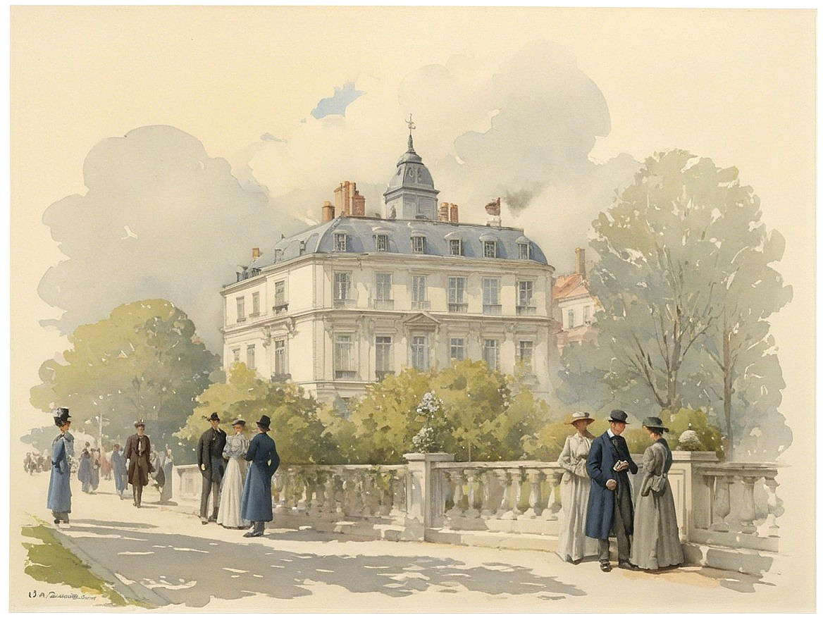 Watercolor of an elegant mansion in a tranquil setting