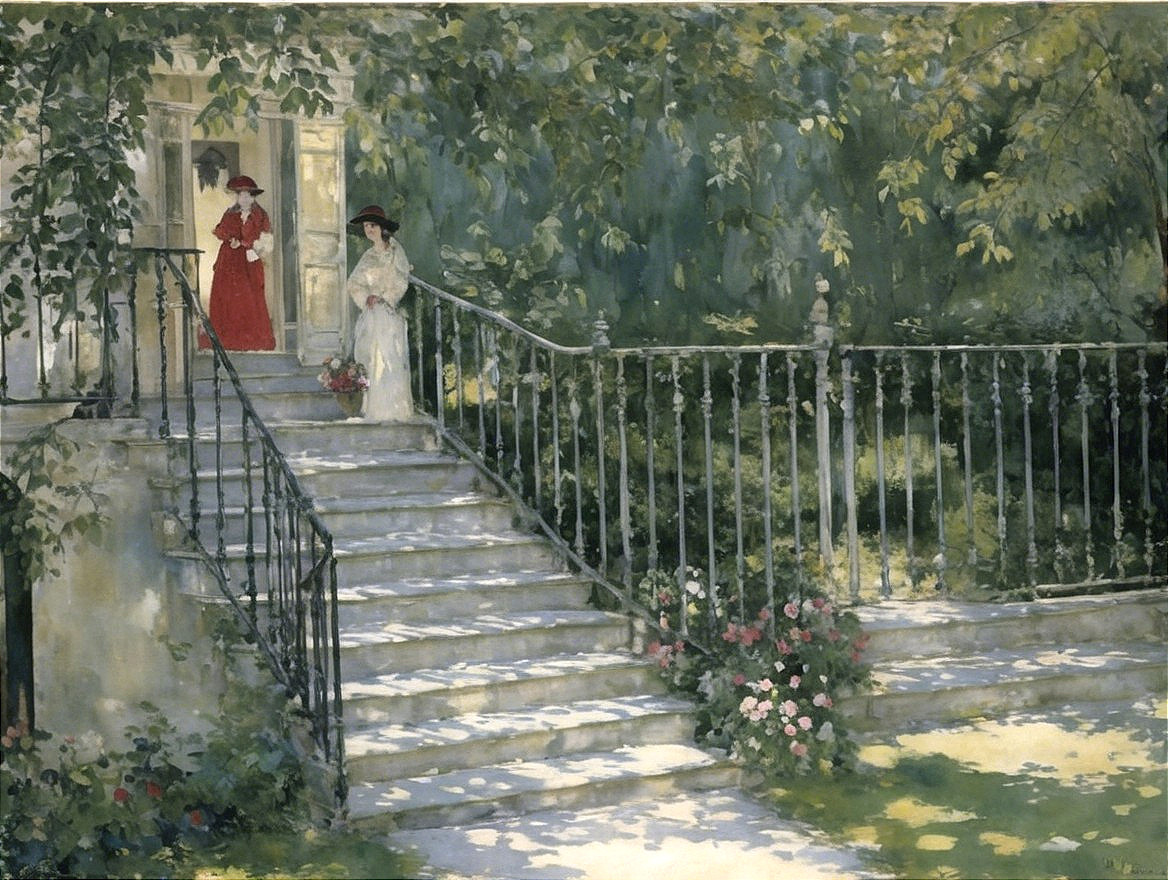 Outdoor Scene with Women on Staircase in Greenery