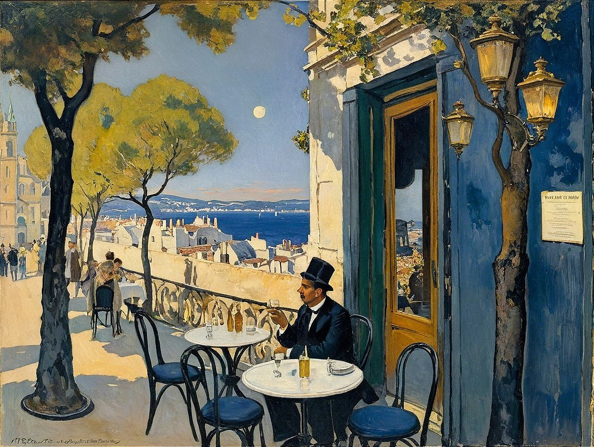 Charming Outdoor Café Scene with Coastal View