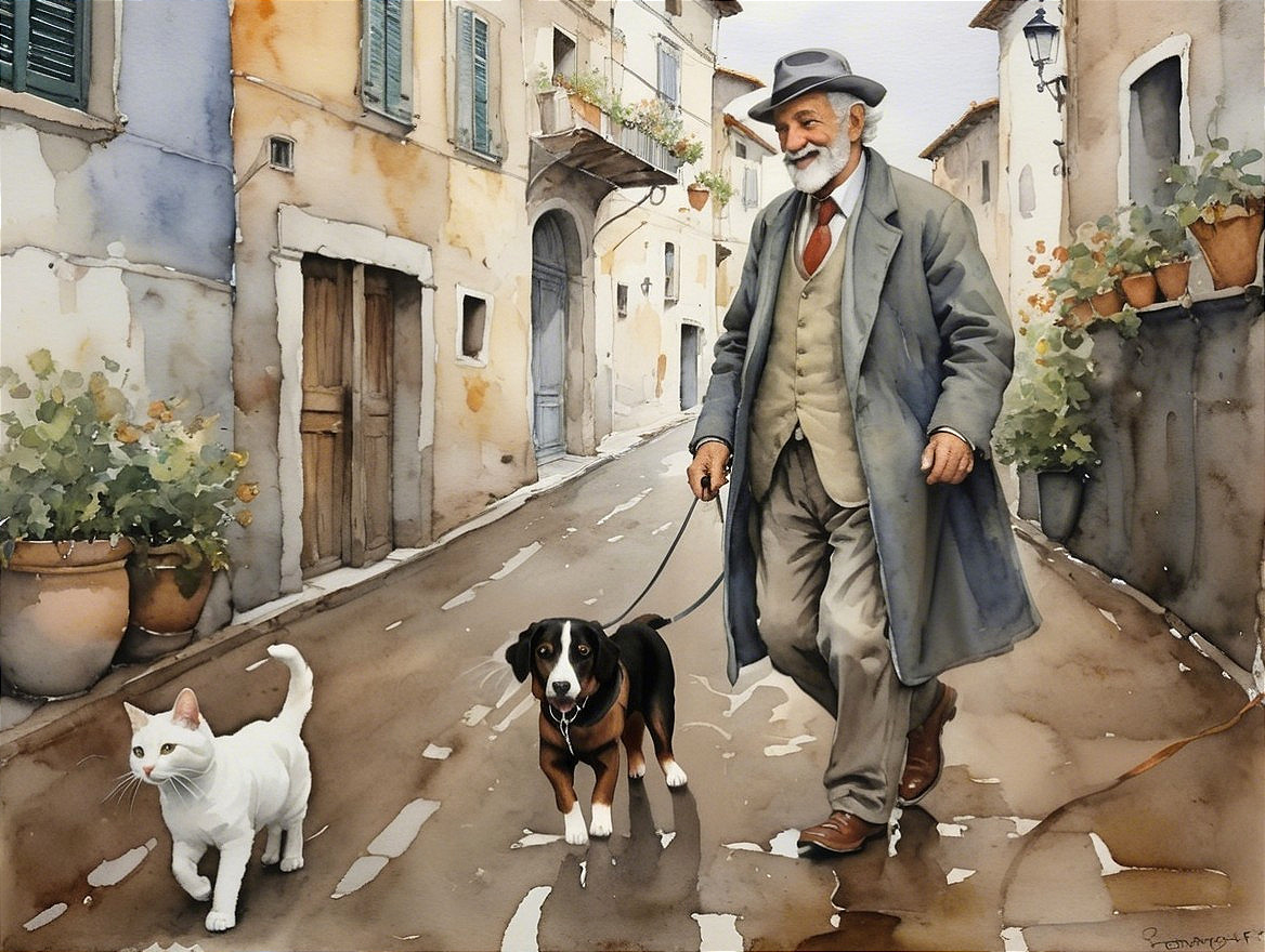 Elderly Man Walking Dog and Cat in Picturesque Village
