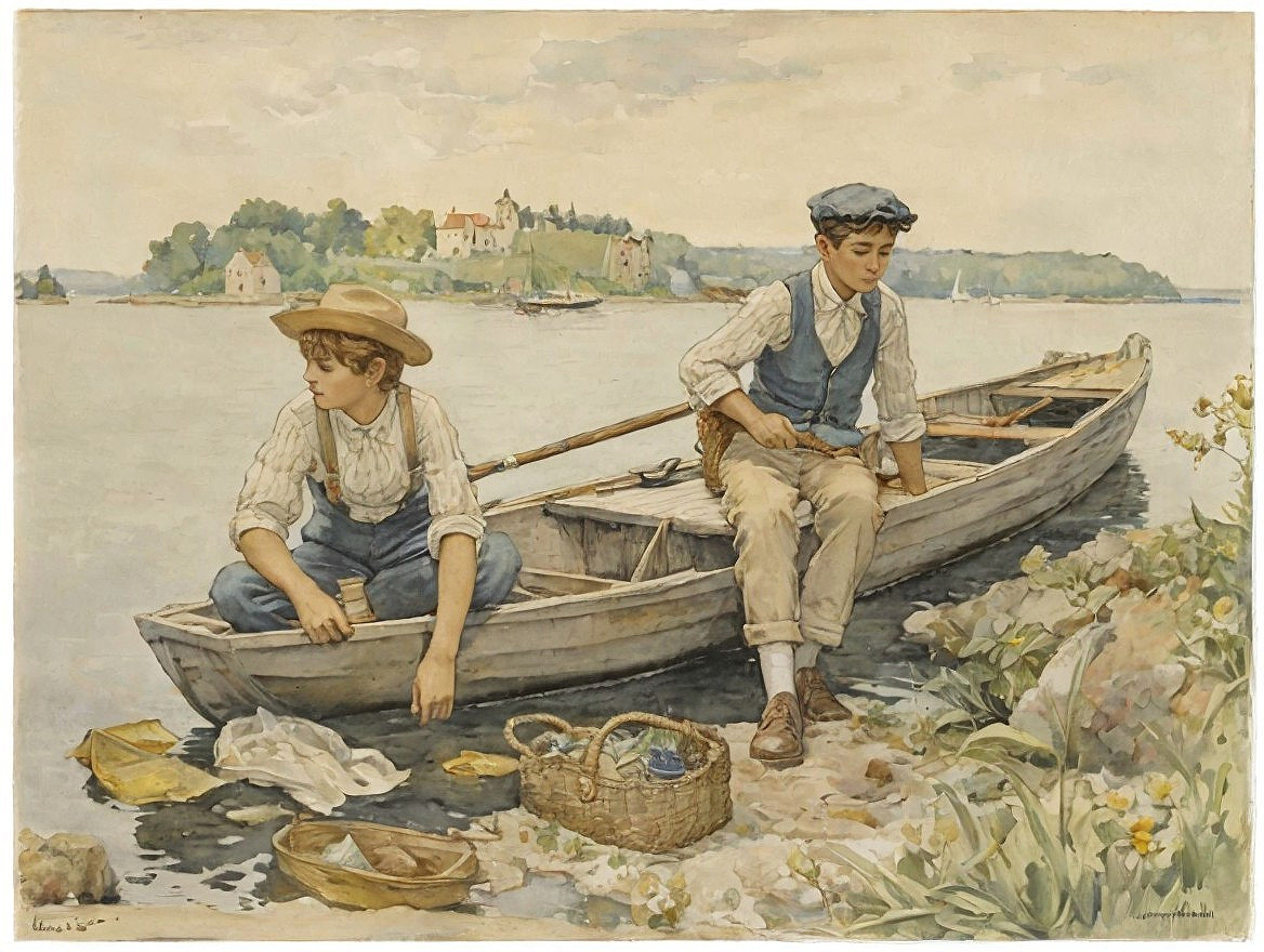 Watercolor Painting of Boys in a Boat by the Shore