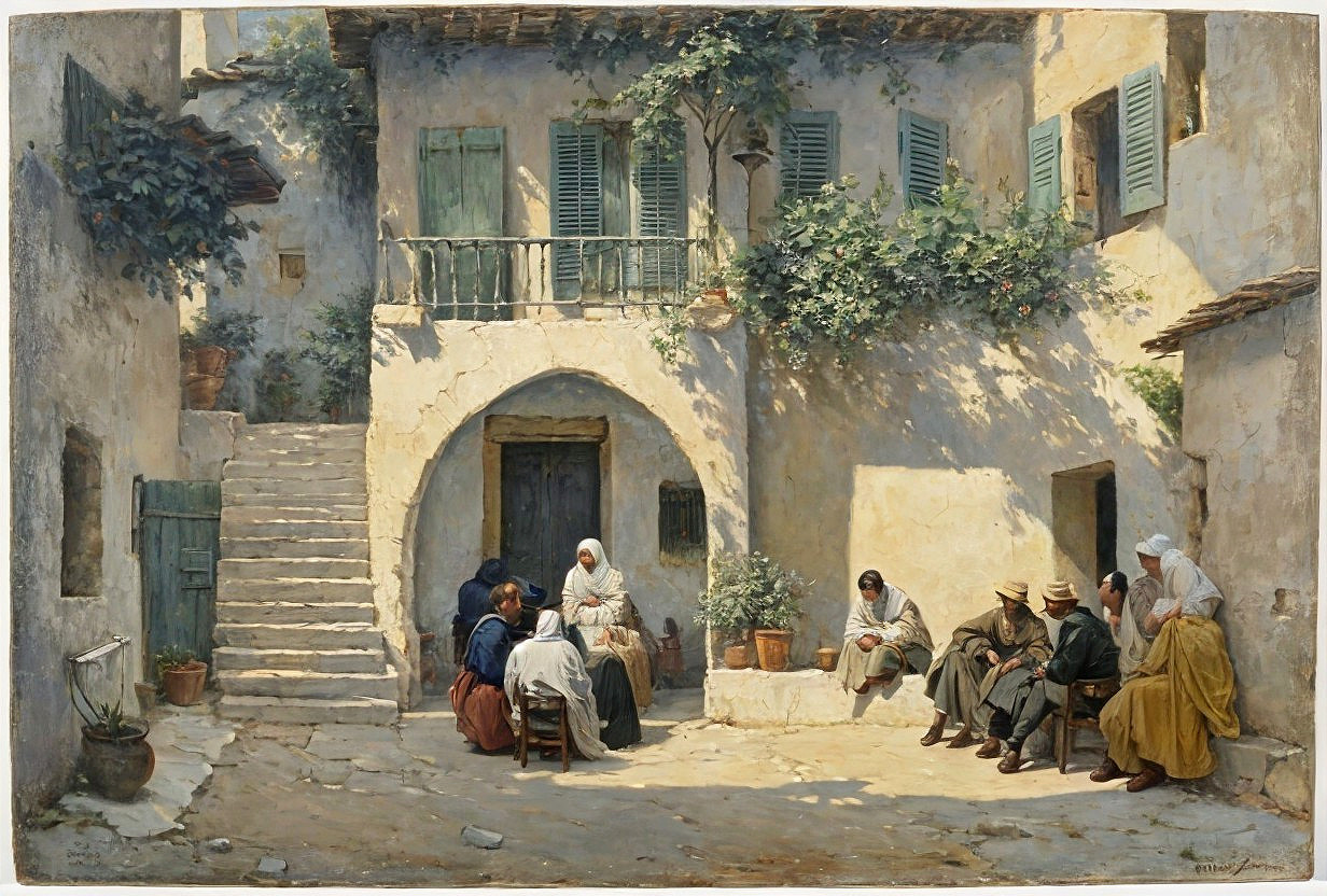 Sunlit Courtyard with People in Traditional Attire