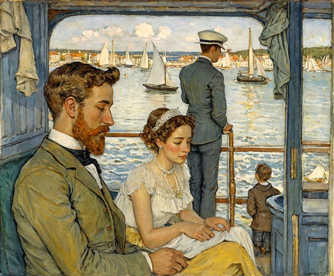 Couple on Boat with Sailboats and Scenic Horizon