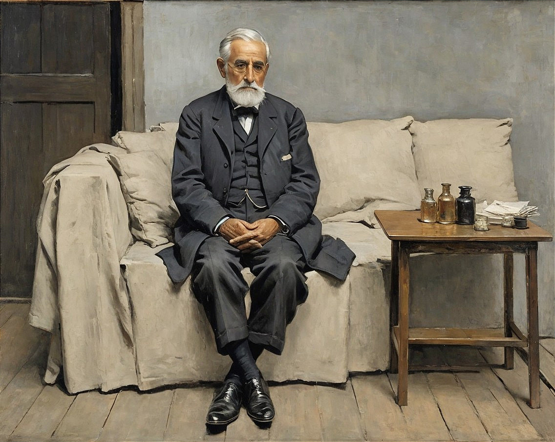 Elderly Man in Formal Attire on Simple Sofa