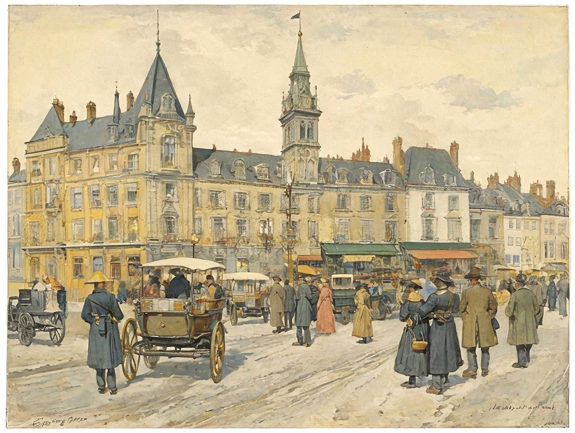 Early 20th Century Urban Street Scene with Architecture