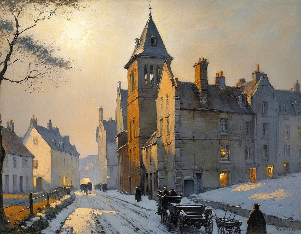 Tranquil Winter Evening in a Quaint Village Scene