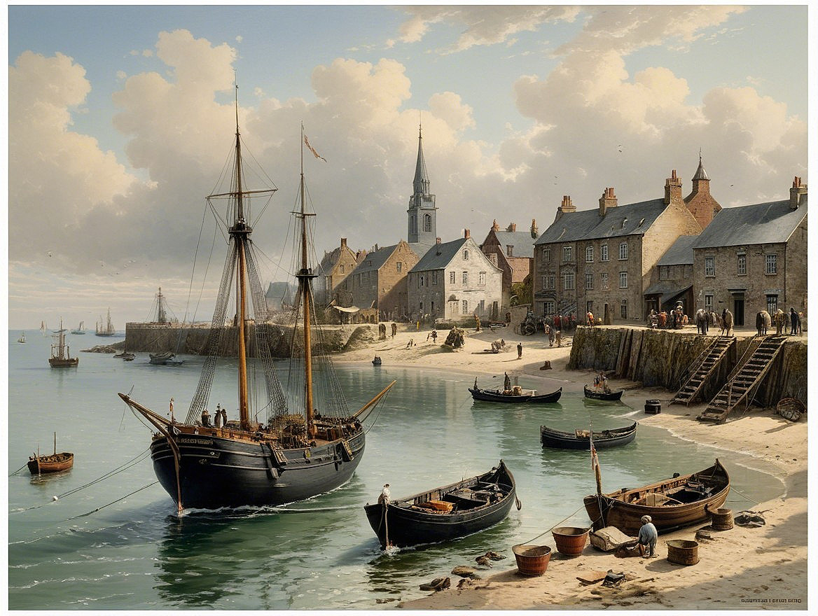 Quaint Coastal Harbor with Sailing Ship and Village