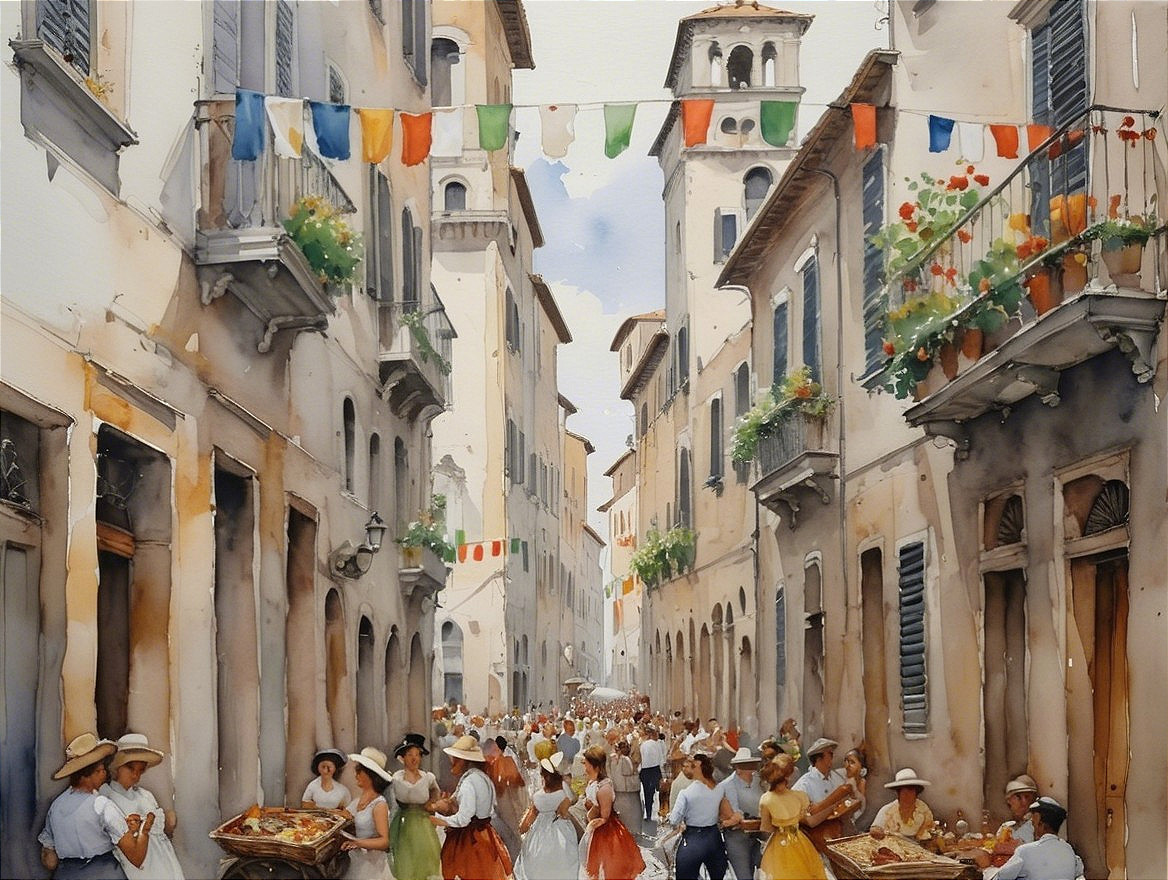 Vibrant City Street with Colorful Banners and Vendors