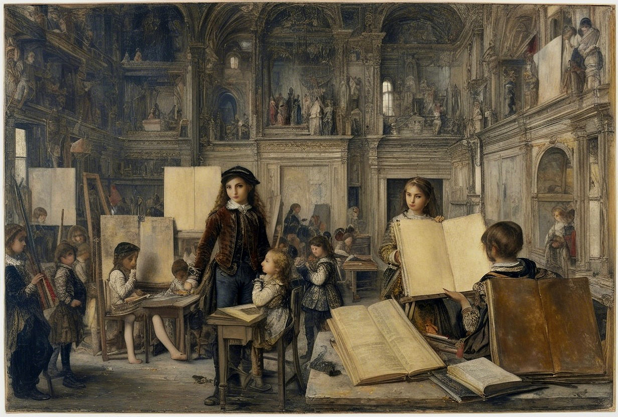 Historical Classroom Scene with Children Creating Art