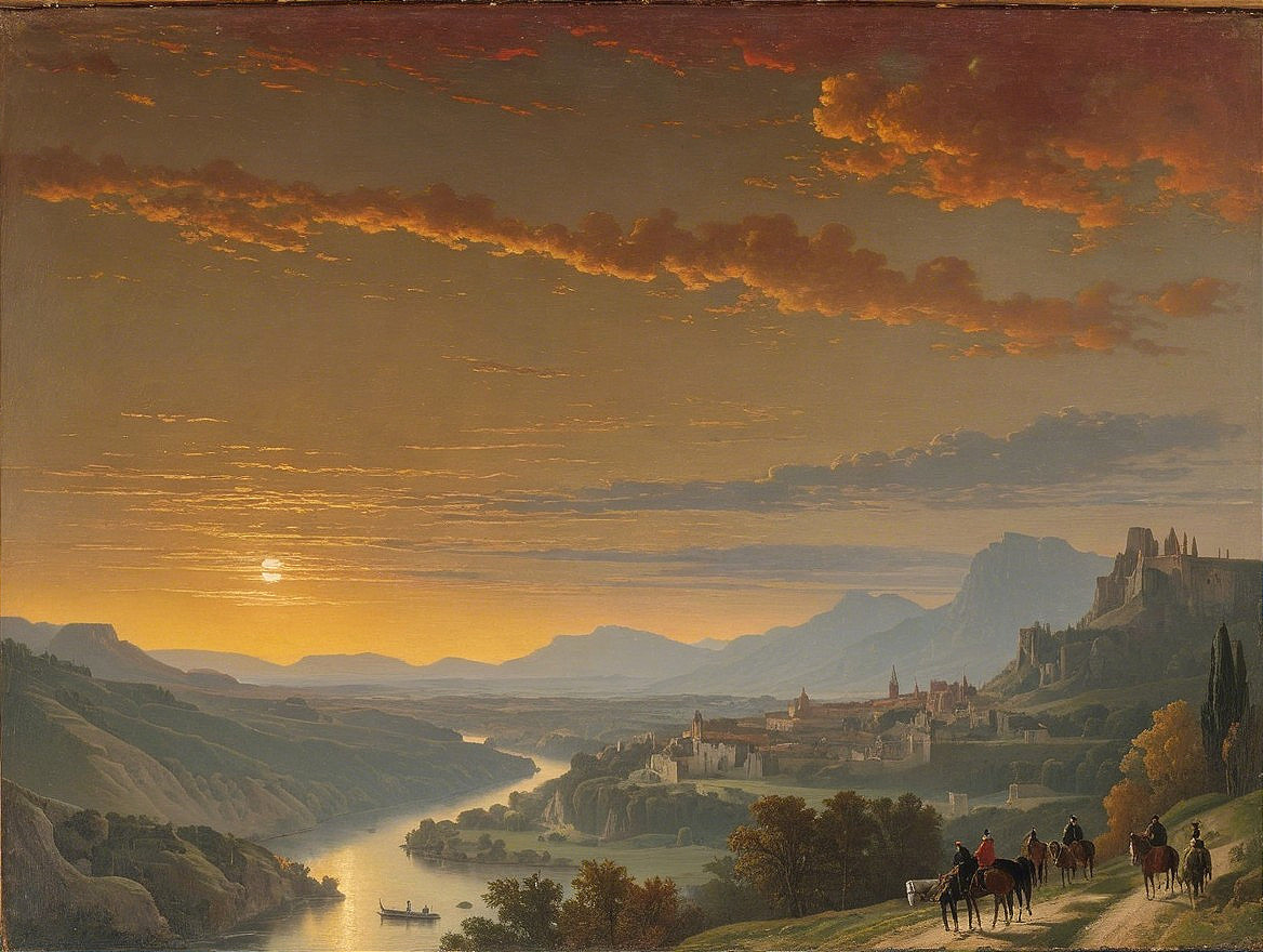 Serene Sunset Landscape with River and Castle View