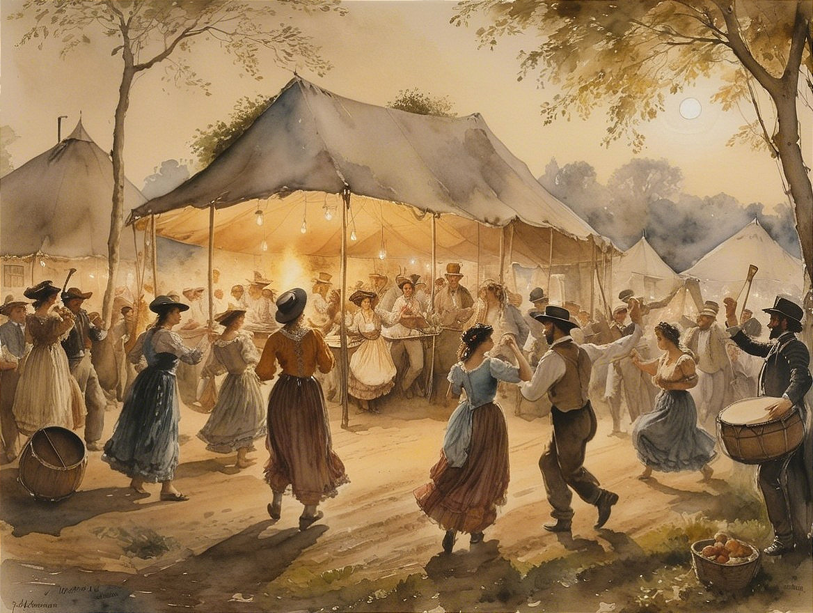 Festive Outdoor Gathering with Illuminated Tents