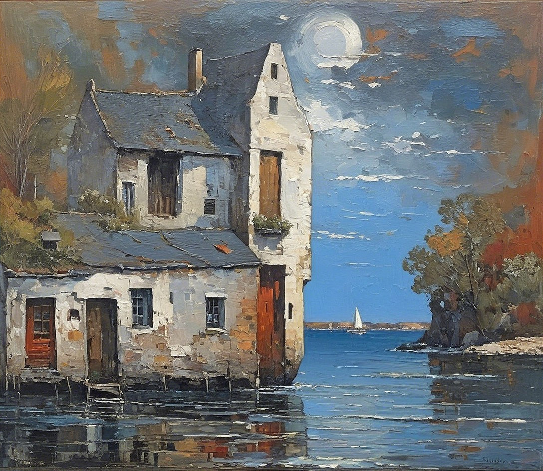 Serene Waterfront Scene with Rustic Building and Sailboat