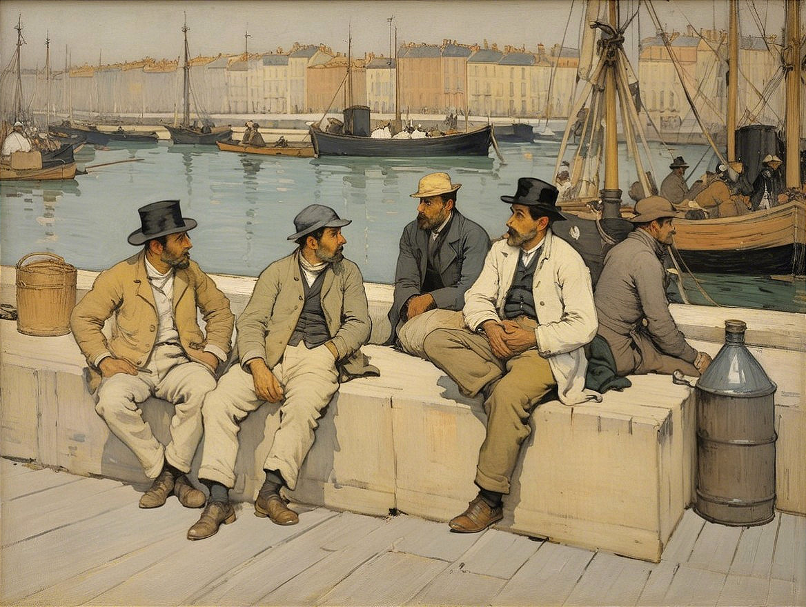 Men in Traditional Clothing on a Waterfront Dock