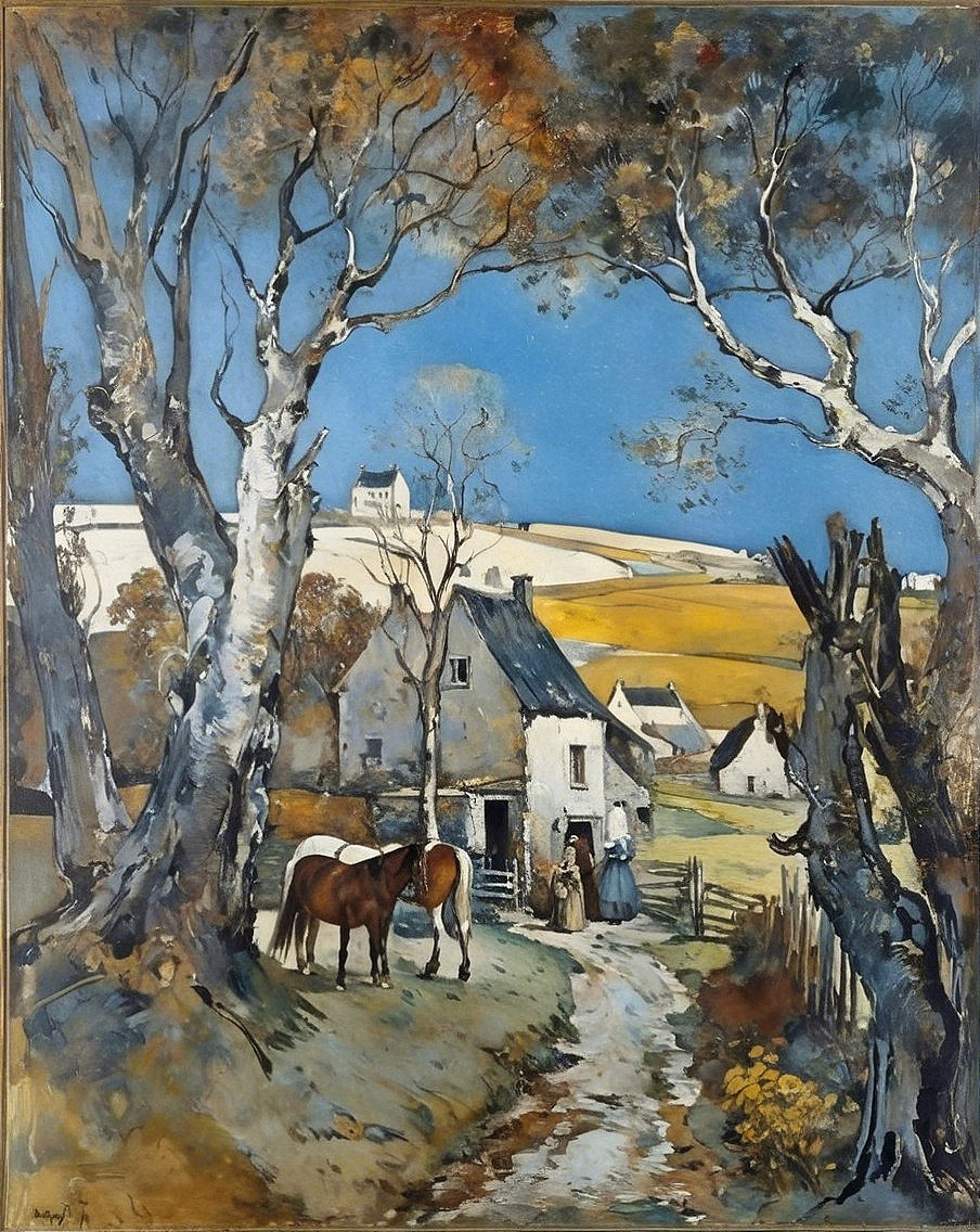 Serene Rural Landscape with Cottage and Horses