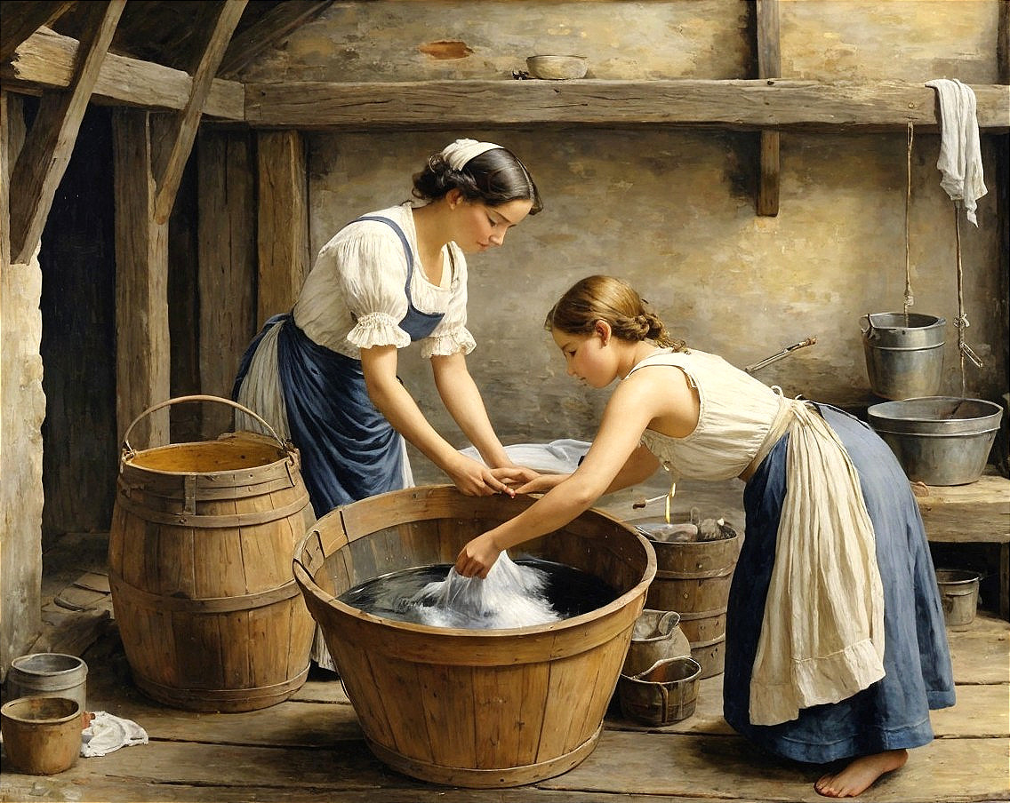 Women Washing Clothes in Rustic Interior Scene