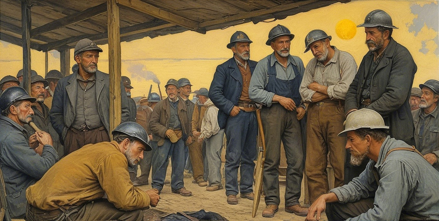 Miners Gather at Sunset Under Wooden Structure